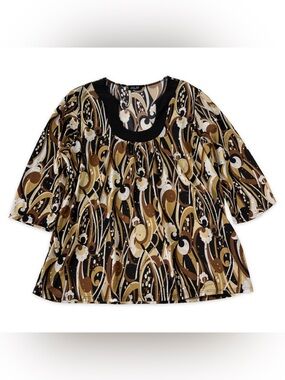 Ashley Jill Sequined Blouse Womens XL Tan Black Beige White 3/4 Sleeve‎ Stretch